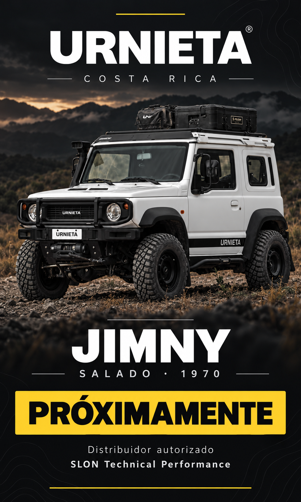 URNIETA Costa Rica. Jimny Salado y 1970. Próximamente. Distribuidor autorizado SLON Technical Performance.